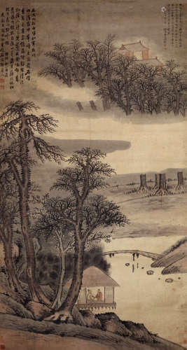 石溪（1612～？） 松屋论古图 设色纸本 立轴