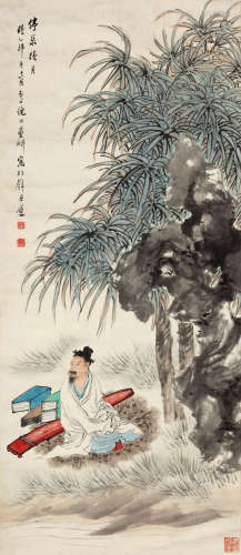 倪田（1855～1919） 停琴待月 设色纸本 镜芯