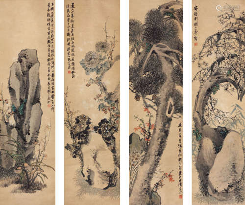 胡公寿（1823～1886） 花卉 设色纸本 四屏立轴