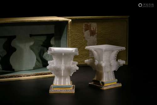 A Pair of White Jade Ritual Wine Vessels, Fangzun