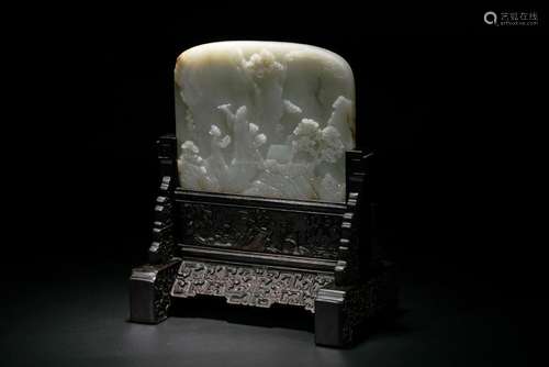 A Fine White Jade Screen With Zitan Stand