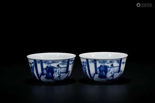 A Pair of Blue And White 'Figure' Bowls