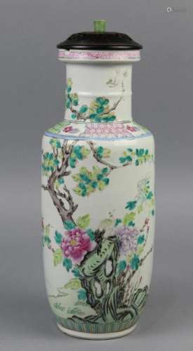 Chinese Enameled Rouleau Form Vase, Birds/Flowers