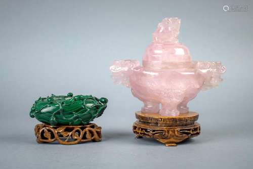 Chinese Rose Quartz Censer and Malachite Vessel