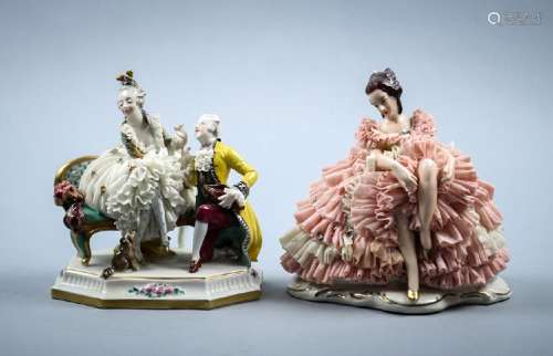 (lot of 2) German porcelain crinoline figural statues