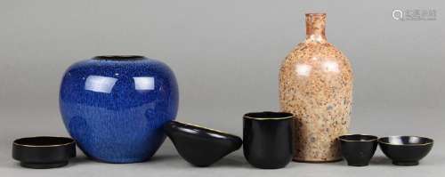 Japanese Ceramic Bottle, Sake Cups
