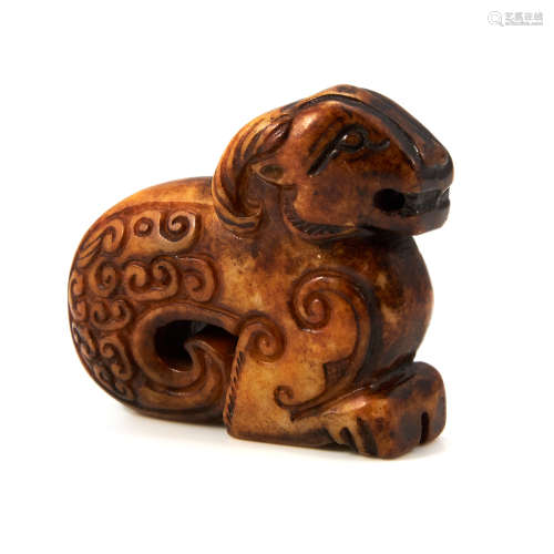 A CHINESE JADE RAM FIGURE carved to depict a ram with scroll decorated body, 6.2cm, 70g.