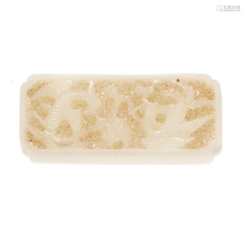 AN ANTIQUE CHINESE WHITE JADE PLAQUE, QING DYNASTY OR LATER of rectangular form, carved to depict