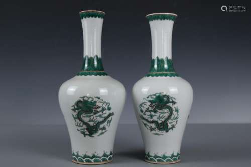 A Pair of Green and White Porcelain Vases