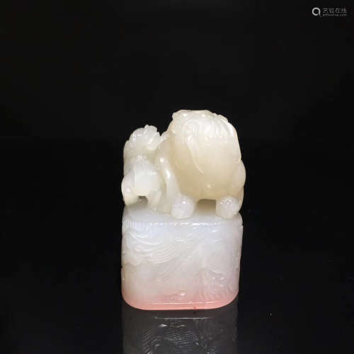 17-19TH CENTURY, A DOUBLE-LION DESIGN WHITE JADE SEAL,QING DYNASTY