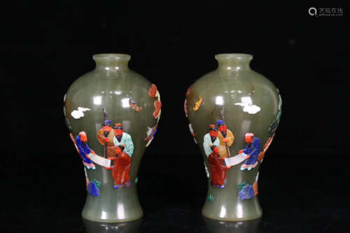 A PAIR OF STORY DESIGN HETIAN BI JADE PLUM VASES