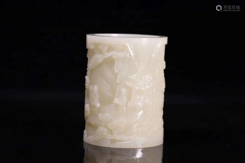 19TH CENTURY, A LANDSCAPE PATTERN HETIAN JADE BRUSH HOLDER, LATE QING DYNASTY