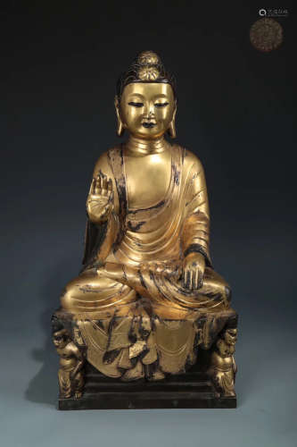 14-16TH CENTURY, GILT BRONZE SITTING BUDDHA STATUE