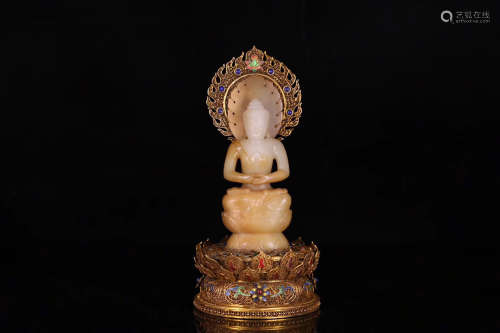19TH CENTURY, A BUDDHA DESIGN HETIAN JADE STATUE WITH GILE SILVER BASE, LATE QING DYNASTY