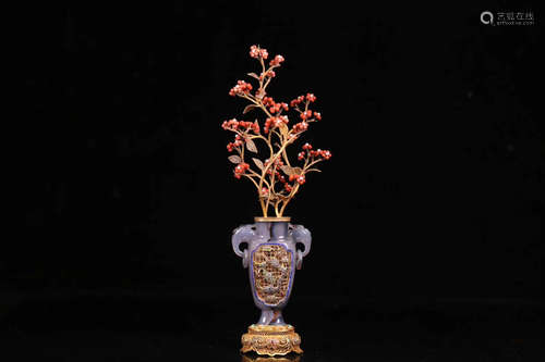 17-19TH CENTURY,  AN OLD DOUBLE BEAST EAR ,AGATE FLOWER GILT SILVER VASE