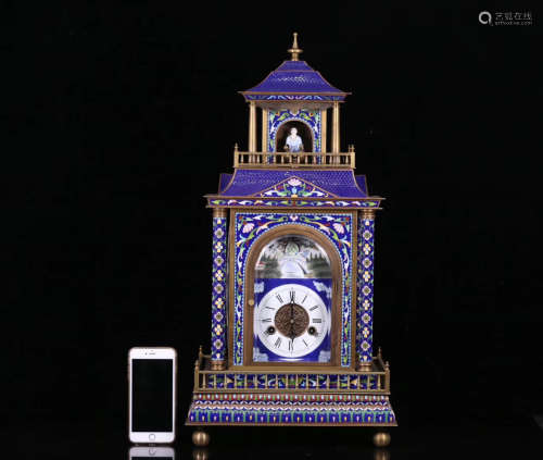 17-19TH CENTURY, A OLD CLOISONNE PAVILION STYLE TABLE CLOCK, QING DYNASTY