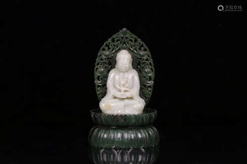 17-19TH CENTURY, A BUDDHA DESIGN OLD HETIAN JADE STATUE WITH HETIAN BI JADE BASE, QING DYNASTY