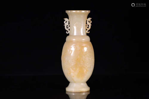 17-19TH CENTURY, A FLORAL&BIRD PATTERN HETIAN JADE DOUBLE-EAR BOTTLE, QING DYNASTY