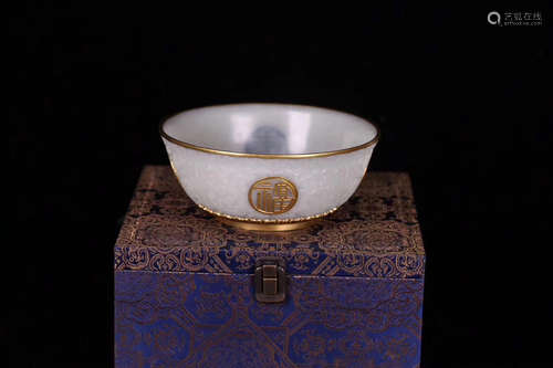 17-19TH CENTURY, A PALACE FULUSHOU&LOTUS PATTERN OLD HETIAN JADE BOWL, QING DYNASTY