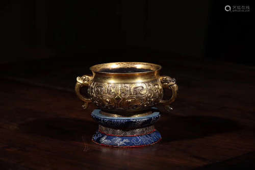 A BEAST PATTERN DOUBLE-EAR GILT BRONZE CENSER