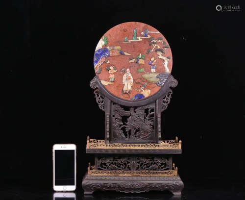 17-19TH CENTURY, A FIGURE PATTERN GOLDSTONE SCREEN WITH ROSEWOOD BASE, QING DYNASTY