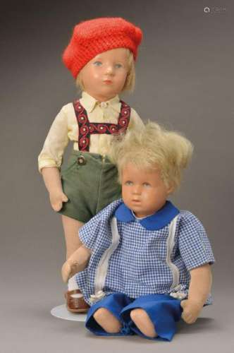 2 dolls, Käthe Kruse, girl 1960s, socket head, painting