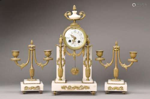 Mantel clock with two candelabras, France, around