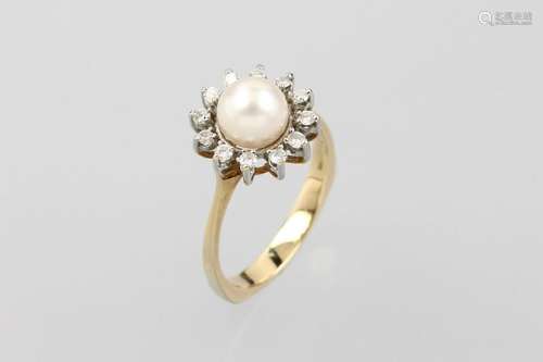 14 kt gold ring with pearl and brilliants