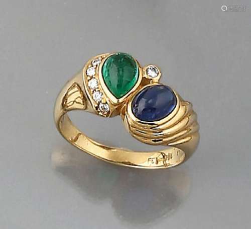 18 kt gold ring with coloured stones and brilliants