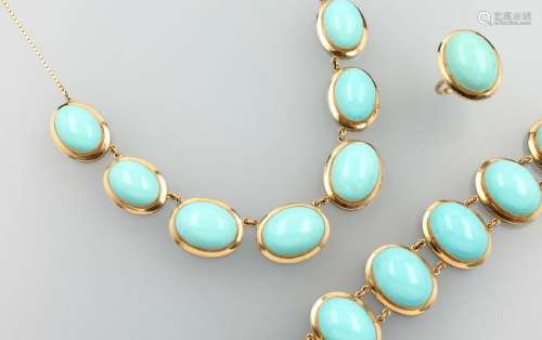 18 kt gold jewelry set with turquoises (treated)