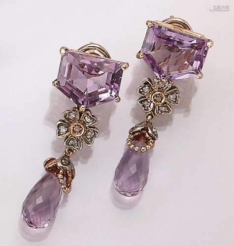 Pair 14 kt gold earrings with amethysts and diamonds