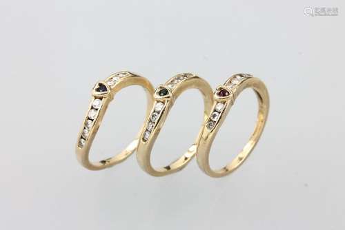 14 kt gold ringtrio with coloured stones and brilliants