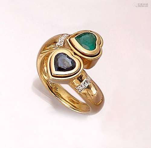 18 kt gold ring 'hearts' with coloured stones and