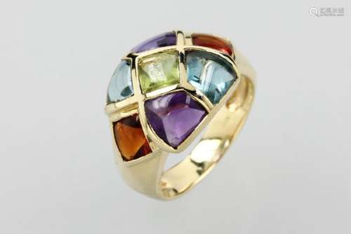 14 kt gold ring with coloured stones