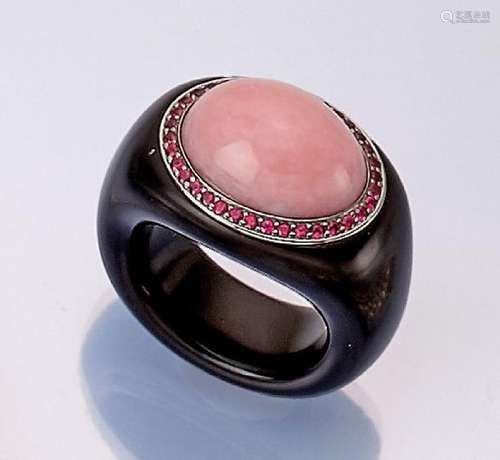 SCHEFFEL 18 kt gold and ebony ring with rubies and opal