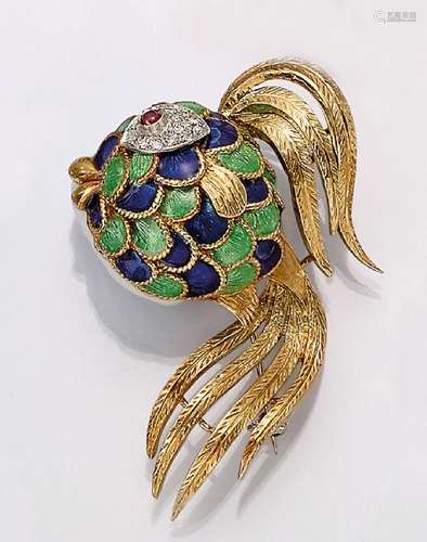 18 kt gold brooch 'fish' with diamonds and enamel