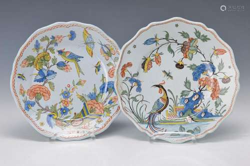 two faience plates, France around 1880, bird- and