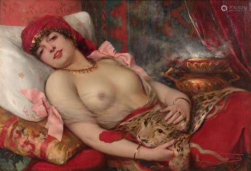 Léon HERBO 1850 - 1907 Odalisque à la panthère Huile sur toile