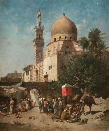 Emile REGNAULT de MAULMAIN 1836 - 1897 L'arrivée de la caravane devant la Mosquée Émir Akhor au Caire - 1881 Huile sur toile