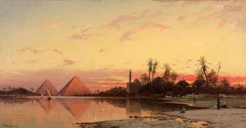 Hermann CORRODI 1844 - 1905 Coucher de soleil sur les pyramides Huile sur toile