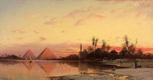 Hermann CORRODI 1844 - 1905 Coucher de soleil sur les pyramides Huile sur toile