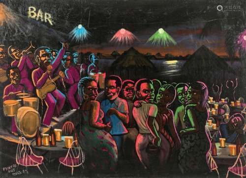 MOKE Congolais - 1950-2001 Le Bar - 1985 Huile sur sac de farine de la Minoterie Matadi