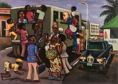 MOKE Congolais - 1950-2001 Le Bus - 1985 Huile sur sac de farine de la Minoterie Matadi