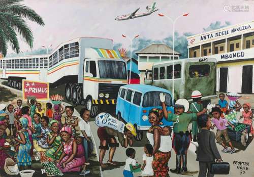 MOKE Congolais - 1950-2001 Le City Train à Kinshasa - 1990 Huile sur toile