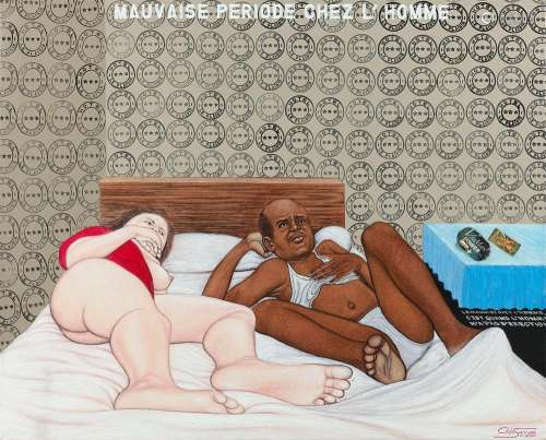 Chéri SAMBA Congolais - Né en 1956 Mauvaise période chez l'homme - 2000 Acrylique, collage et pilule sur toile