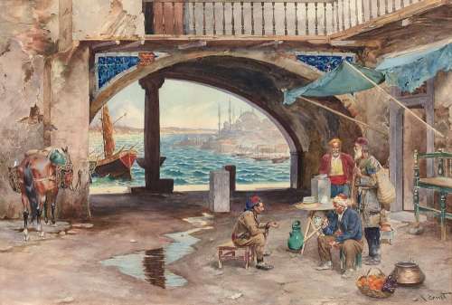 Rudolf ERNST 1854 - 1932 Conversation devant le Bosphore, Constantinople Aquarelle sur papier