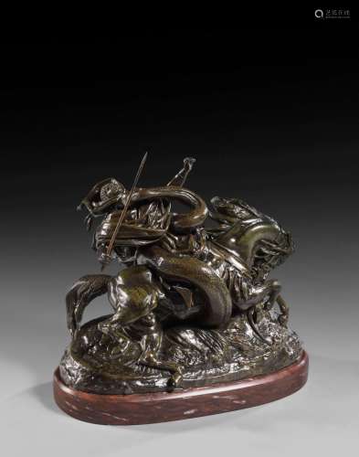 Antoine-Louis BARYE 1795 - 1875 Cavalier africain surpris par un serpent Bronze à patine brun-vert richement nuancé