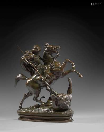 Antoine-Louis BARYE 1795 - 1875 Cavalier arabe tuant un lion Bronze à patine brun vert nuancé rouge