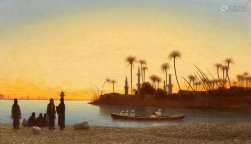 Théodore FRÈRE 1814 - 1888 Coucher de soleil au bord du Nil Huile sur panneau