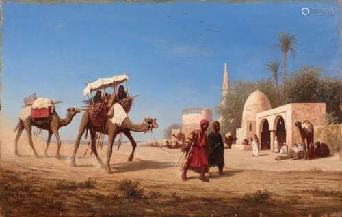 Théodore FRÈRE 1814 - 1888 Caravane à Minieh Huile sur panneau